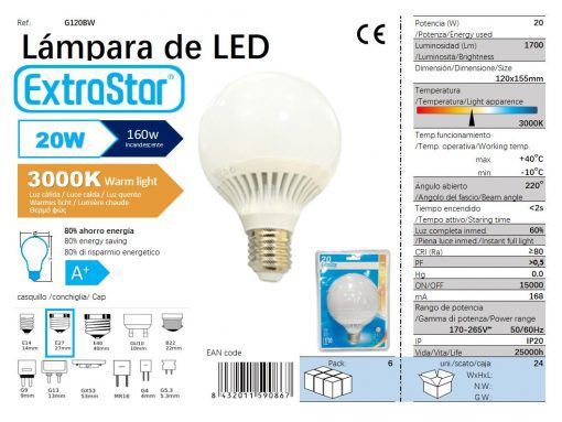 LÂMPADA BOLA LED 20W 12CM LUZ QUENTE 3000K CJ24 LED  20W