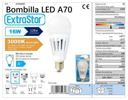 LÂMPADA BOLA LED E27 16W 140X70MM 3300K LUZ DIA LED  16W