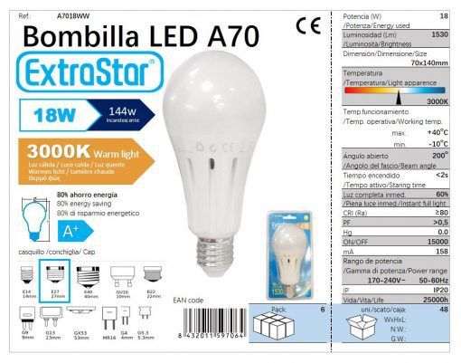 LÂMPADA BOLA LED E27 18W 140X70MM 3300K LUZ DIA LED  18W