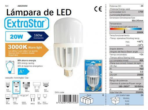 LÂMPADA BOLA LED E27 20W 150X80MM 3300K LUZ QUENTED LED  20W