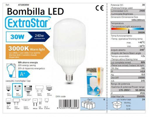 LÂMPADA BOLA LED 30W E27 T100 3000K LUZ QUENTED LED  30W