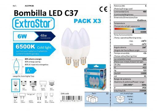 LÂMPADA VELA G45 SET3 E14 6W 6500K LUZ DIA CAJA LED 6W 3