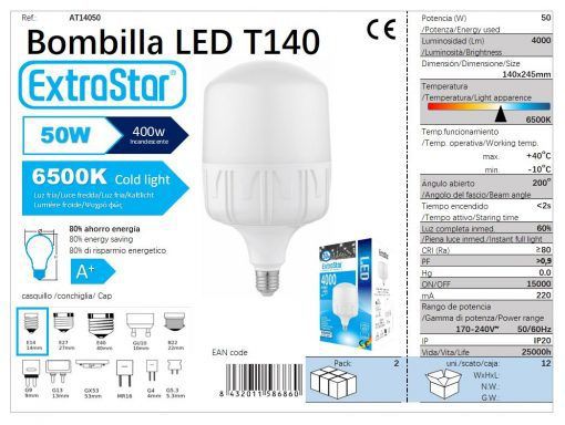 LÂMPADA BOLA LED 40W E27 T140X260MM 6500K LUZ DIA LED  50W