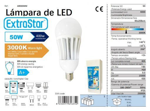 LÂMPADA BOLA LED E27 50W 95X225MM 3000K LUZ QUENTED LED  50W