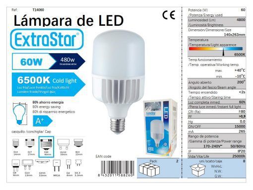 LÂMPADA BOLA LED 60W E40 T140 140X260MM LUZ DIA LED  60W