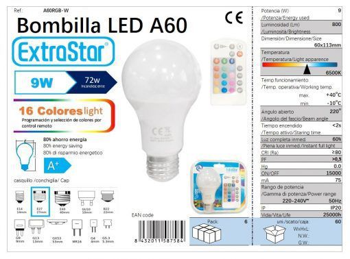 LÂMPADA BOLA RGB MULTICOR MANDO 9W E27 CJ60A60RGBW LED   9W