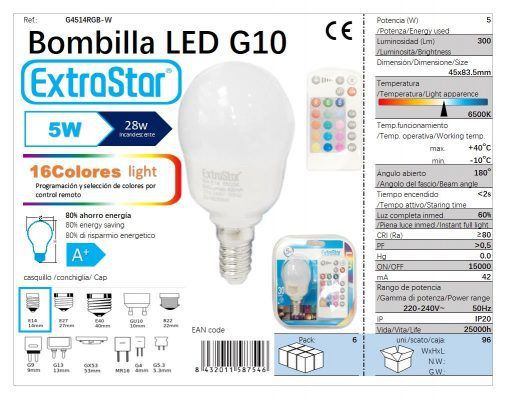 LÂMPADA BOLA G45 RGB MULTICOR MANDO 5WE14CJ96AG4514RGB-W LED  5W