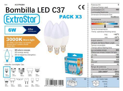 LÂMPADA VELA G45 SET3 E14 6W 6500K LUZ QUENTE CAJA LED 6W 3