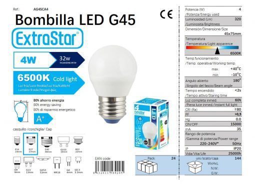 LÂMPADA BOLA LED G45 4w E27 6400K LUZ DIA CAJA LED 4W
