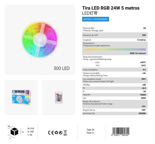 TIRAS DE LED 300LED 5M RGB CJ24 LED 300LED 24W 5