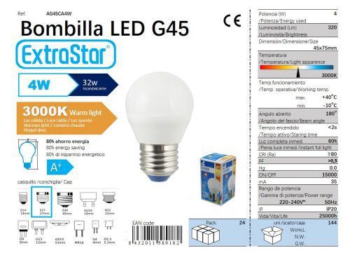 LÂMPADA BOLA LED G45 4w E27 3000K LUZ QUENTED CAJA LED 4W