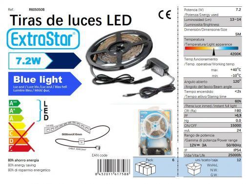 TIRA LED IP54 5050 30LED M LUZ AZUL 5 MTS CJ12  5 7.2W