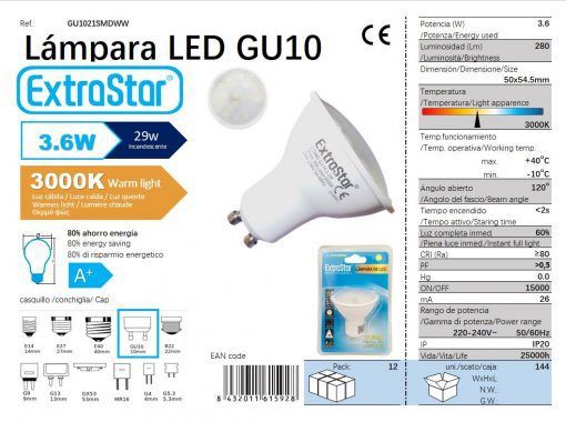LÂMPADA LED GU10 21SMD 2835 3.6W LUZ QUENTE CJ144 LED GU10  3.6W