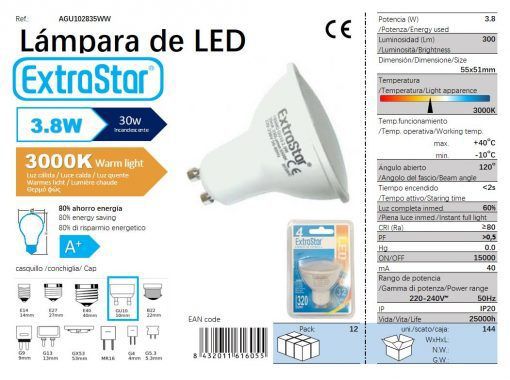LÂMPADA LED GU10 4W LUZ QUENTE 144 LED GU10 3.8W