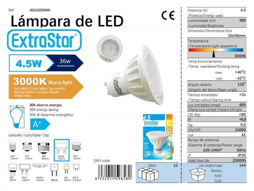 LÂMPADA LED GU10 5W 380LM 3000K LUZ QUENTE LED GU10 4.5W