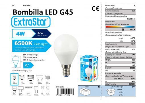 LÂMPADA BOLA LED G45 4w E14 6400K LUZ DIA CAJA144 LED 4W
