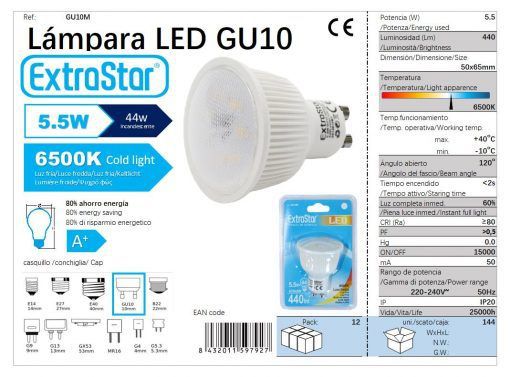 LÂMPADA LED GU10 5.5W 440LM 6500K LUZ DIA CJ144 LED GU10 5.5W