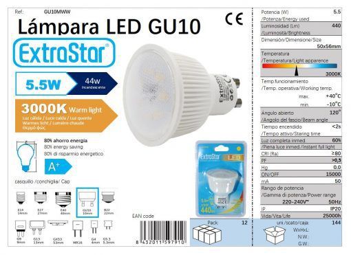 LÂMPADA LED GU10 5.5W 440LM 3000K LUZ QUENTE 144 LED GU10 5.5W