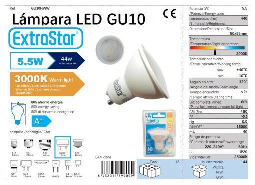 LÂMPADA LED GU10 A P 6W 420LM 3000K LUZ QUENTE LED GU10 5.5W