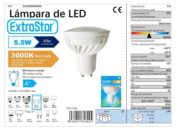 LÂMPADA LED GU10 SMD 2835 ALU-PL5.5W LUZ QUENTE LED GU10 5.5W