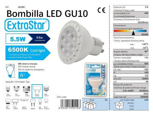 LÂMPADA LED GU10 6X1 6500K LUZ DIA CJ144 LED GU10 5.5W