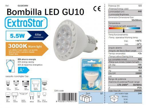 LÂMPADA LED GU10 6X1 3000K LUZ QUENTE CJ144 LED GU10 5.5W
