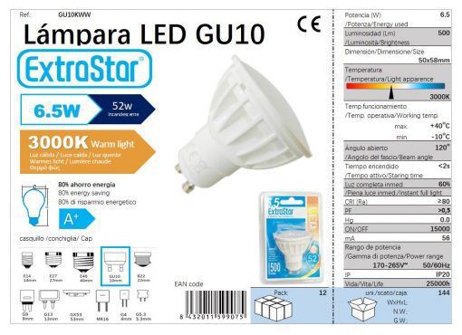 LÂMPADA LED GU10 7W A P 3000K LUZ QUENTE LED GU10 6.5W