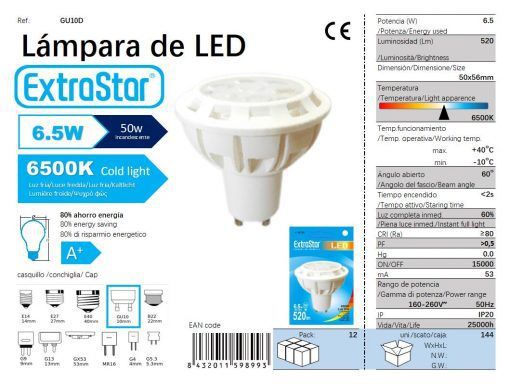 LÂMPADA LED GU10 6.5W 71 520LM A P LUZ DIA LED GU10 6.5W