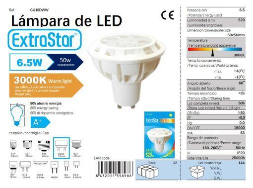LÂMPADA LED GU10 6.5W 71 500LM A P LUZ QUENTE LED GU10 6.5W