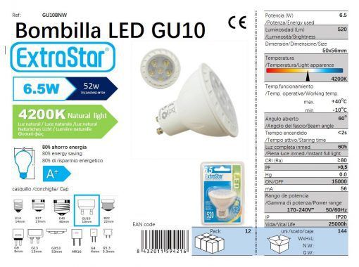LÂMPADA LED GU10 7X1 4200K LUZ NATURAL CJ144 LED GU10 6.5W