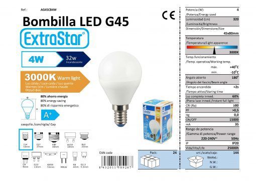 LÂMPADA BOLA LED G45 4w E14 3000K LUZ QUENTE CAJA LED  4W