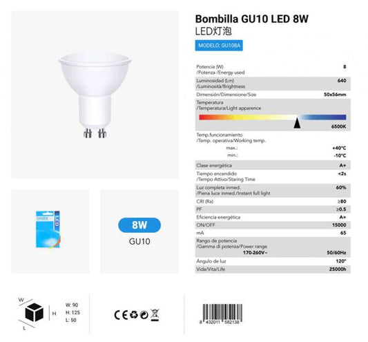 LÂMPADA LED GU10 8W 6500K LUZ FRIA CJ144 LED GU10 8W