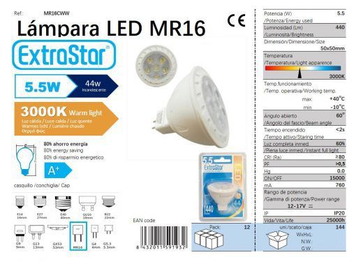 LÂMPADA LED MR16 6X1 3000K LUZ QUENTE CJ144 LED MR16  5.5W