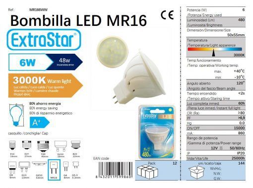 LÂMPADA LED MR16 6w 440LM 3000K LUZ QUENTE CA144 LED MR16  6W