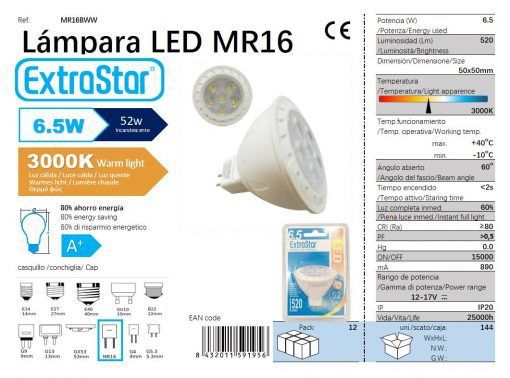 LÂMPADA LED MR16 7X1 3000K LUZ QUENTE CJ144 LED MR16  6.5W