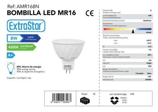 BOBILLA LED COB MR16 8W 12V 4200K LUZ NATURAL CJ144 LED M16  8W