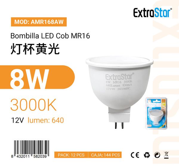 LÂMPADA LED COB MR16 8W 12V 3000k LUZ QUENTE CJ144 LED MR16  8W