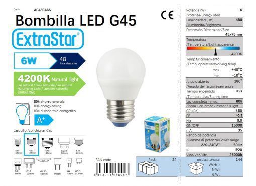 LÂMPADA BOLA LED G45 6W E27 4200K LUZ NATUR CAJA LED 6W