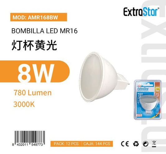 LÂMPADA LED MR16 8W 780LM LUZ QUENTE 3000k CJ144 8W  LED MR16