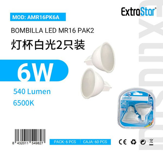 LÂMPADA LED MR16 PAK2 6W 6500K LUZ FRIA CJ60 6W  LED MR16