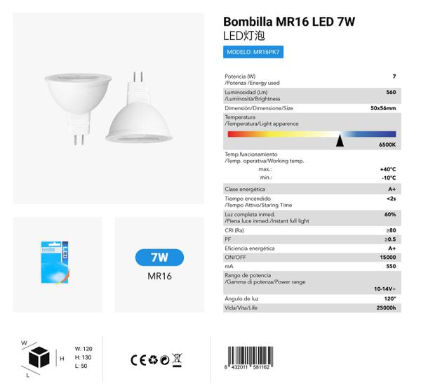 LÂMPADA LED MR16 PAK2 7W 6500K LUZ FRIA CJ60 LED MR16 7W