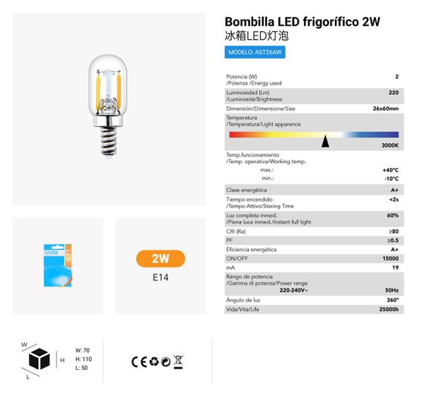 LÂMPADA FRIGORIFICO LED E142W 3000K LED   2W