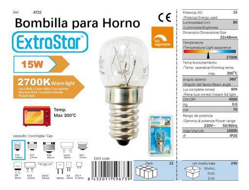 LÂMPADA ESPECIAL PARA HORNO E14 15W 2700K LUZ QUENTE KED 15W