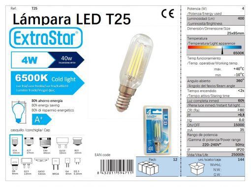 LÂMPADA REDONDO LED 83x25MM E14 4W 6500K LUZ DIA LED 4W