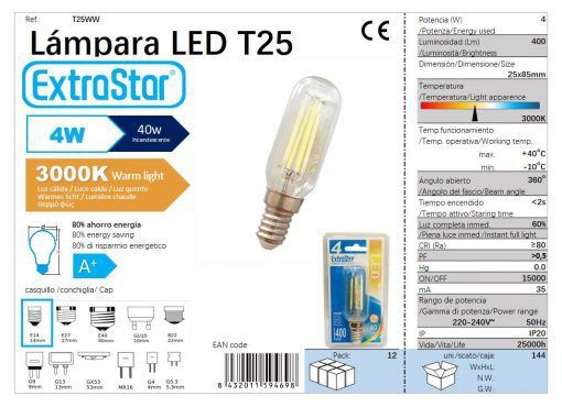 LÂMPADA LED REDONDA 83x25MM E14 4W 3000K LUZ QUENTE LED 4W