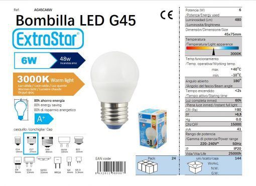 LÂMPADA BOLA LED G45 6W E27 3000K LUZ QUENTED CAJA LED 6W