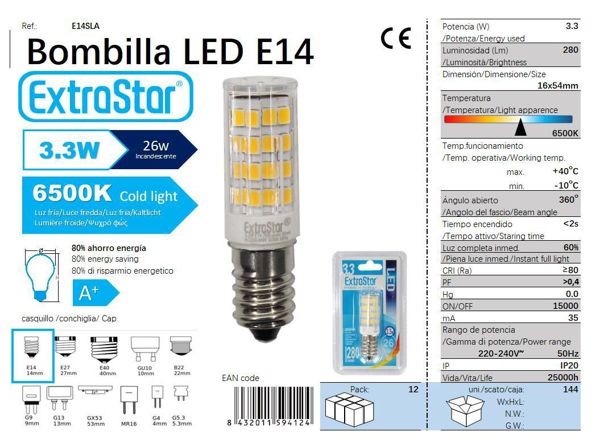 LÂMPADA LED DE PILAR 360 3.3W E14 54X16MM 6500K LED  3.3W
