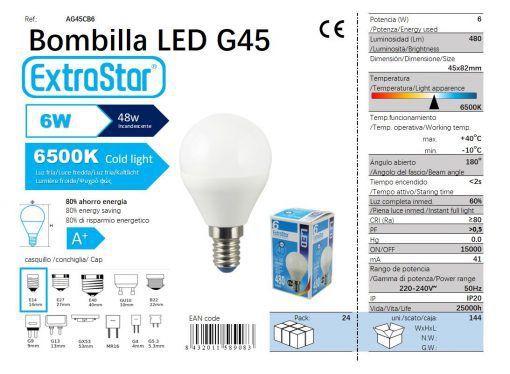 LÂMPADA BOLA LED G45 6w E14 6400K LUZ DIA CAJA144 LED 6W