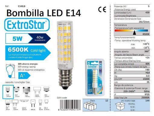 LÂMPADA LED DE PILAR 360o 5W E14 65X16mm 6500k LED 5W