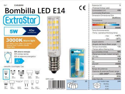 LÂMPADA LED DE PILAR 360o 5W E14 65 16mm 3000k LED 5W